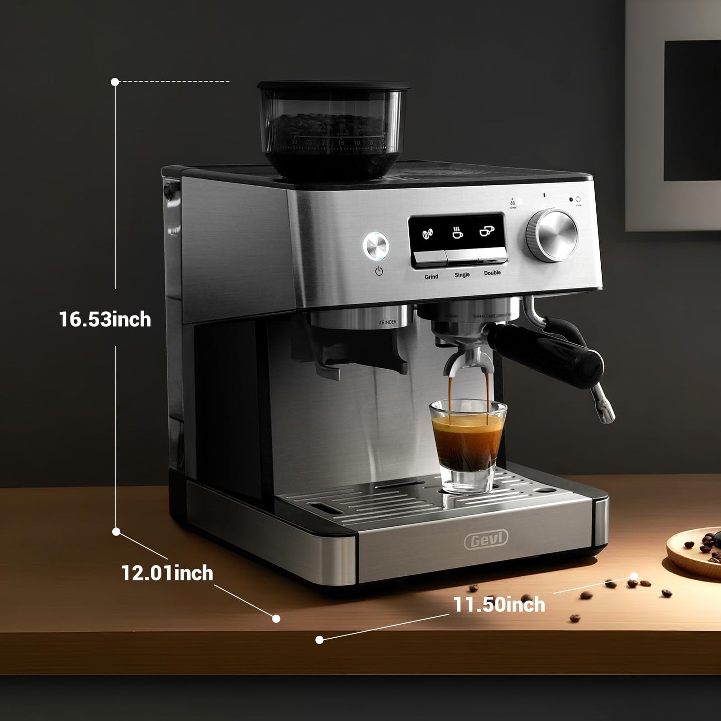 Gevi 20 Bar Espresso Machine with Built-in Grinder & Milk Frother | Professional Coffee Maker for Home | Cappuccino, Latte, 2.3L Removable Water Tank, Stainless Steel Steam Wand