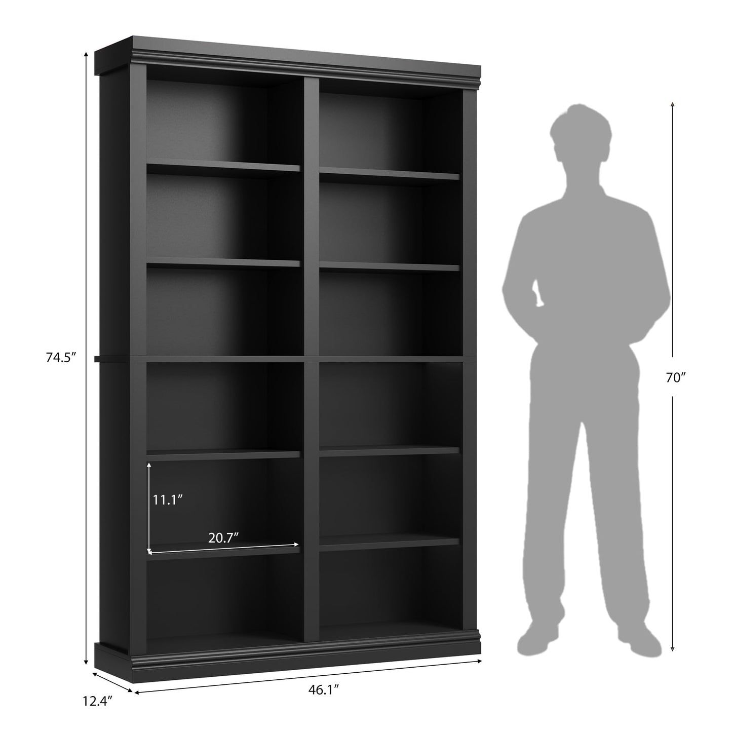 Garvee 74.5" Tall Bookshelf with Double Storage, 6-Tier Large Bookshelf, Double Wide Bookshelves w/ 12 Cubbies, Wide Freestanding Bookcases for Livingroom Office Library (Blcak, 74.5"H*46.1"W*12.4"D)