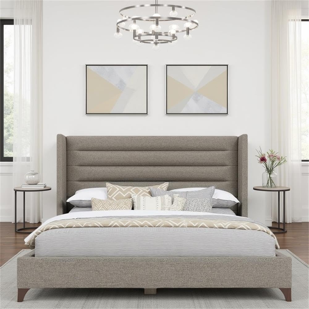 BOWERY HILL King Platform Bed Frame, Gray Performance Fabric Upholstery, Horizontal Channel Tufted Headboard, Solid and Engineered Wood, 57.5 in Tall, Modern Design for Bedroom or Guest Suite
