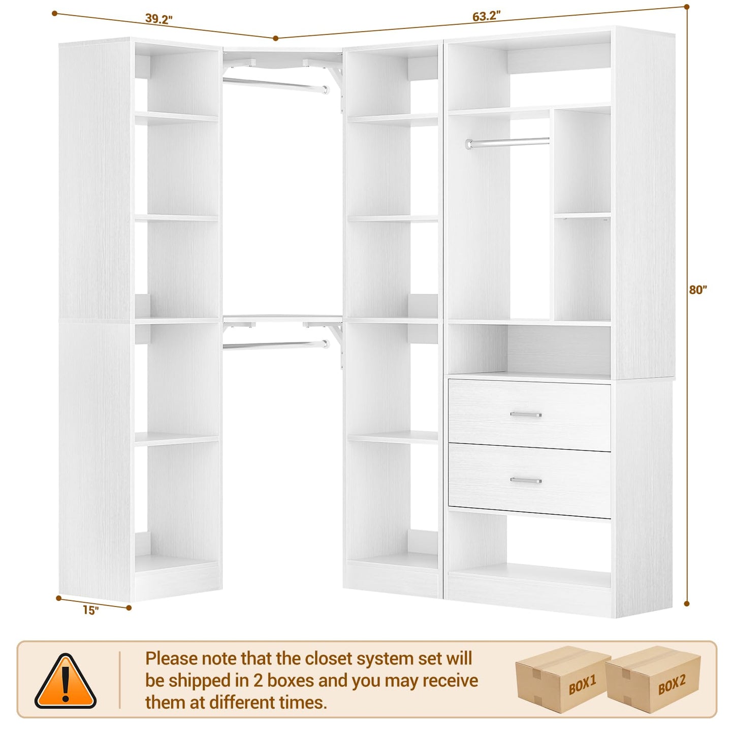 Besiost Corner Closet System with 2 Sets, 63.2" Corner Closet Organizer System with 2 Drawers + 18 Shelves + 3 Hanging Rods, Reversible L Shaped Walk-in Closets, White (63.2" L x 39.2" W x 80" H)