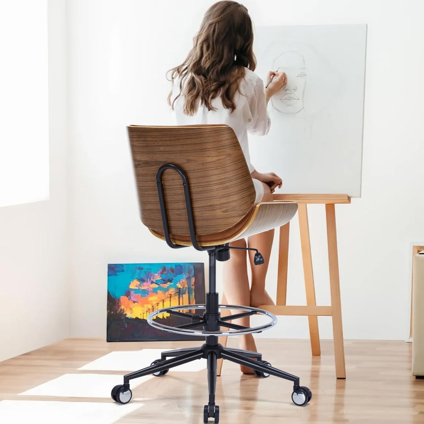 Drafting Office Chair Ergonomic Executive Computer Standing Desk Chair with Adjustable Height and Footrest Ring, Drafting Chair for Counter Height Desk and Drawing (Brown)