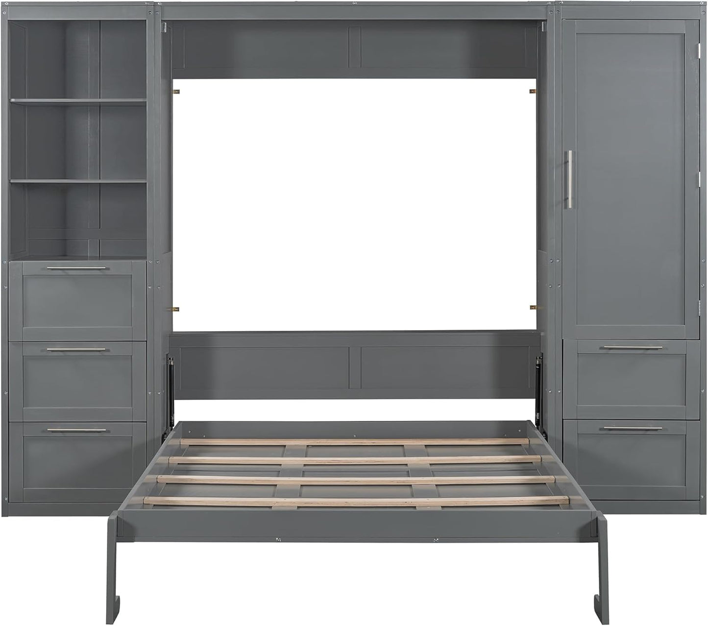 Queen Murphy Bed with Storage Wardrobe Closet,Drawers and Open Shelves,Wood Folding Farmhouse Murphy Wall Bed with Shelves,Space-Saving for Small Spaces Studio Study Office Guest Room (Grey)