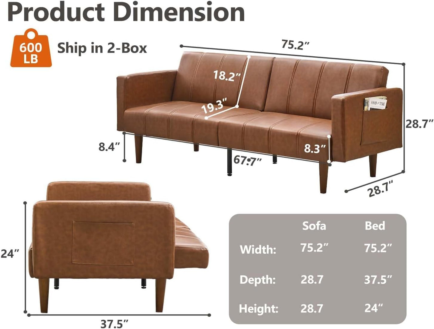 GOCAPTAIN 75" Convertible Futon Sofa Bed, Mid-Century Modern PU Leather Couch with Adjustable Backrest, Sleeper Loveseat with Side Pockets, Easy Assembly for Living Room & Guest Room (Brown)