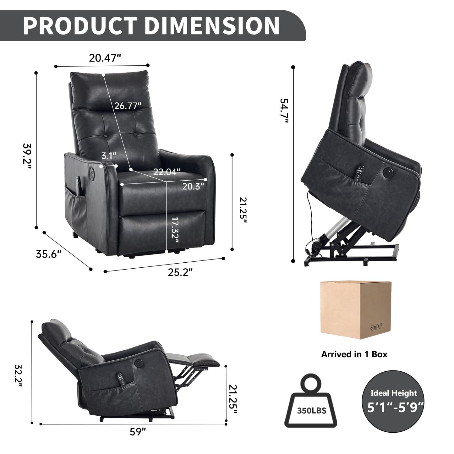 KEIKI Single Motor Power Lift Recliner Chair with Massage and Heat for Living Room, Synthetic Leather Upholstery with USB Charging Port and Side Pockets for Seniors