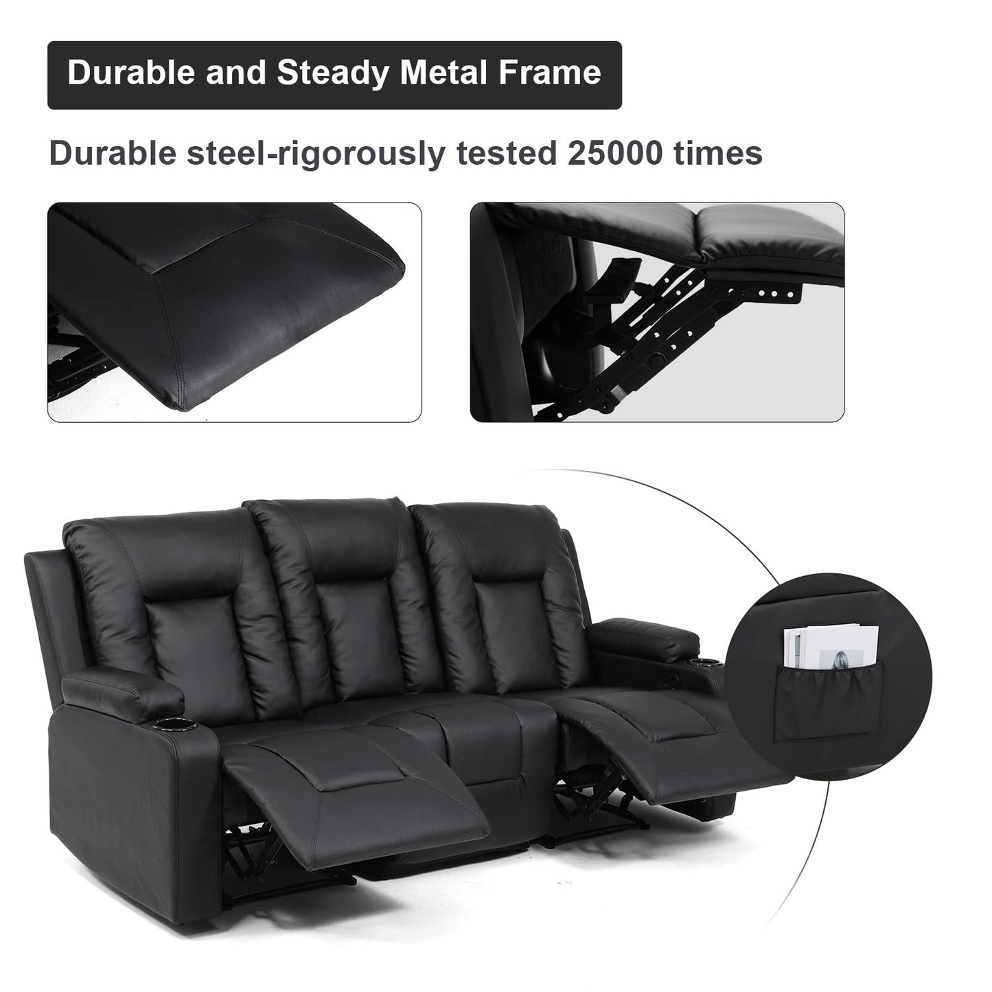 COMHOMA Recline Chair Set，Furniture 3PC Bonded Leather Recliner Set Living Room Set, Sofa, Recline Chair with massger(Black,Living Room Set 3)