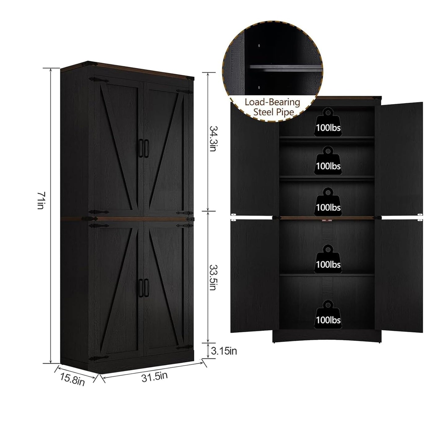 Hlivelood 71" Tall Kitchen Pantry,Farmhouse Storage Cabinet with Adjustable Shelves,Load-Bearing Steel Pipe,Farmhouse Pantry Cabinet with 4 Barn Doors,for Kitchen,Dining Room,Living Room(Black)