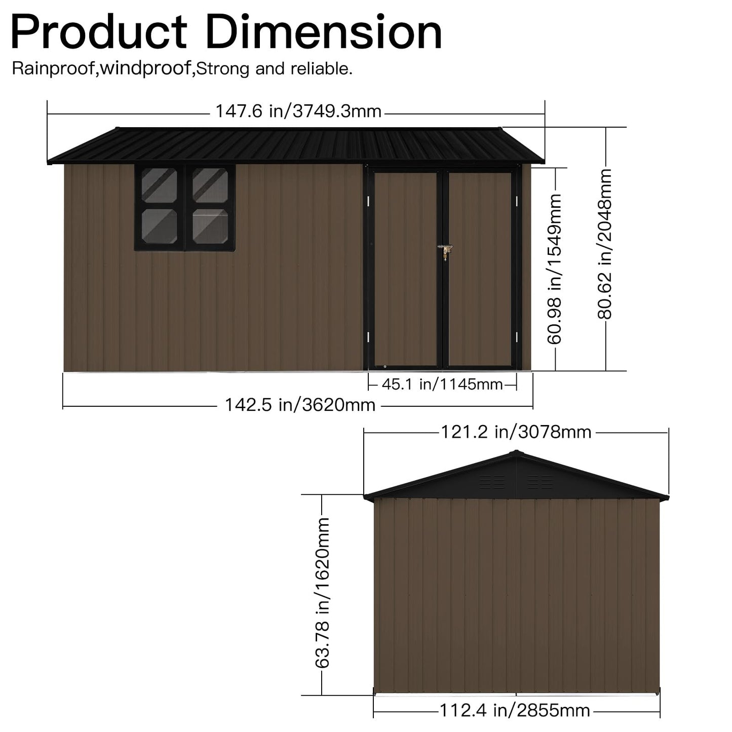 YOPTO 12x10 FT Outdoor Storage Shed,Metal Shed W/Goods Shelves & Window,Garden Tool House W/ 2 Vents & Lamp Hanging Hole & Apex Roof and Lockable Doors,for Backyard Patio Lawn,Brown