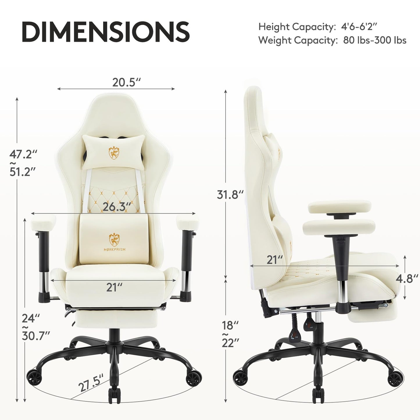 Morkprism Gaming Chair,Computer Office Chair with Footrest,Massage Lumbar Support and Gel Pad,Ergonomic Reclining Leather Gamer Chair with Headrest,Adjustable Armrests and Spring Cushion Ivory