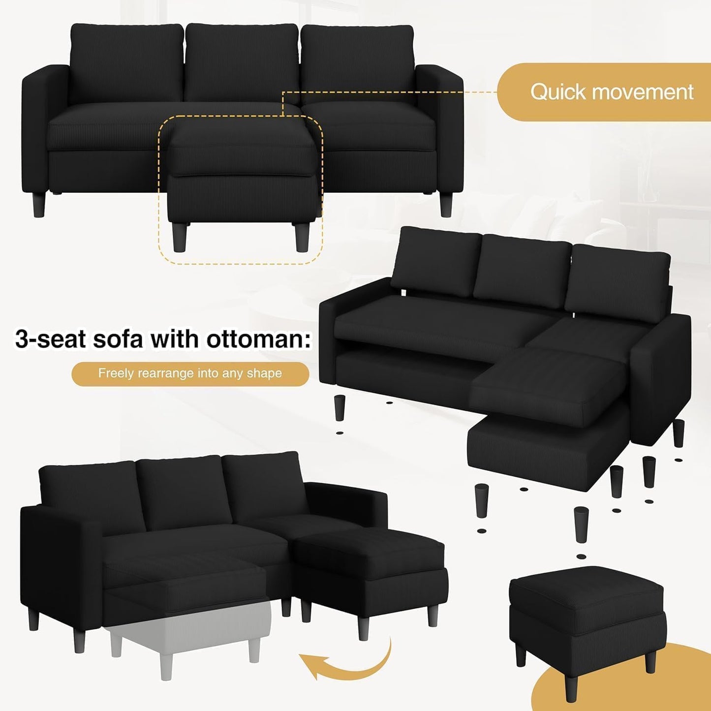 JAMFLY Sectional Sofa for Living Room, 3-Seat Reversible Couch with Convertible Ottoman, Modern L-Shaped Sofas for Small Apartment, Studio & Office, Tool-Free Easy Assembly, Black