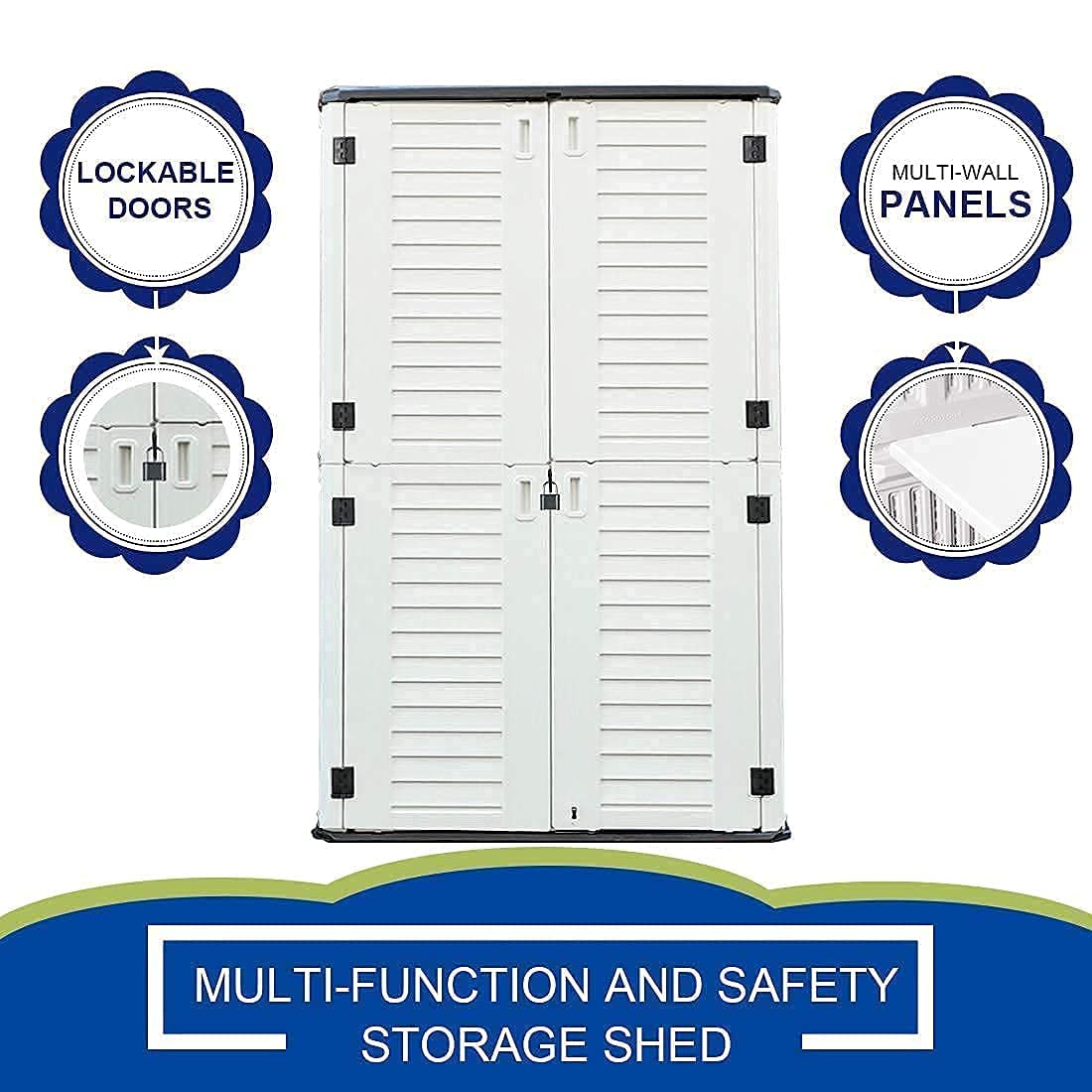 KINYING Outdoor Storage Shed Waterproof, Resin Vertical Storage Cabinet Double-Layered, Versatile to Store Patio Furniture, Garden Tools, Pool Accessories,Mower (66 Cu.ft,White)