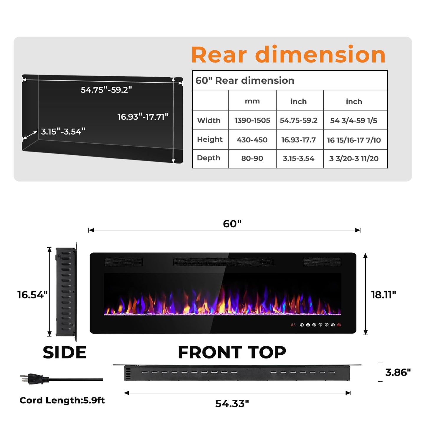 Antarctic Star 60 Inch Electric Fireplace in-Wall Recessed and Wall Mounted, Fireplace Heater and Linear Fireplace with Multicolor Flame, Timer, 750/1500W Control by Touch Panel & Remote