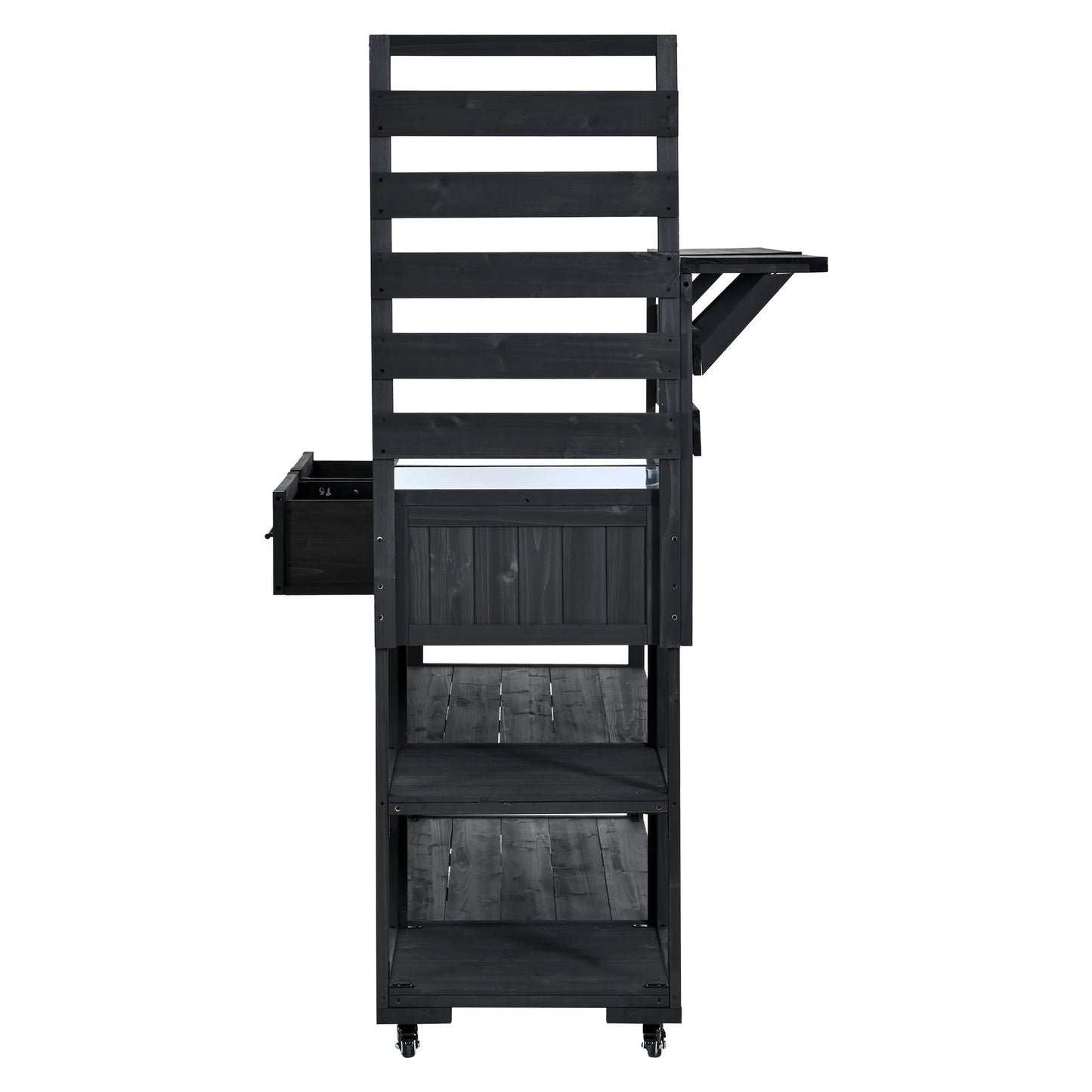 GDFStudio Elshire Patio Kitchen Island Cart with Storage, Wooden Outdoor Storage Cabinet with Stainless Steel BBQ Prep Table Top, Drawers, Raised Shelf and Lockable Wheels, Garden Potting Bench, Black