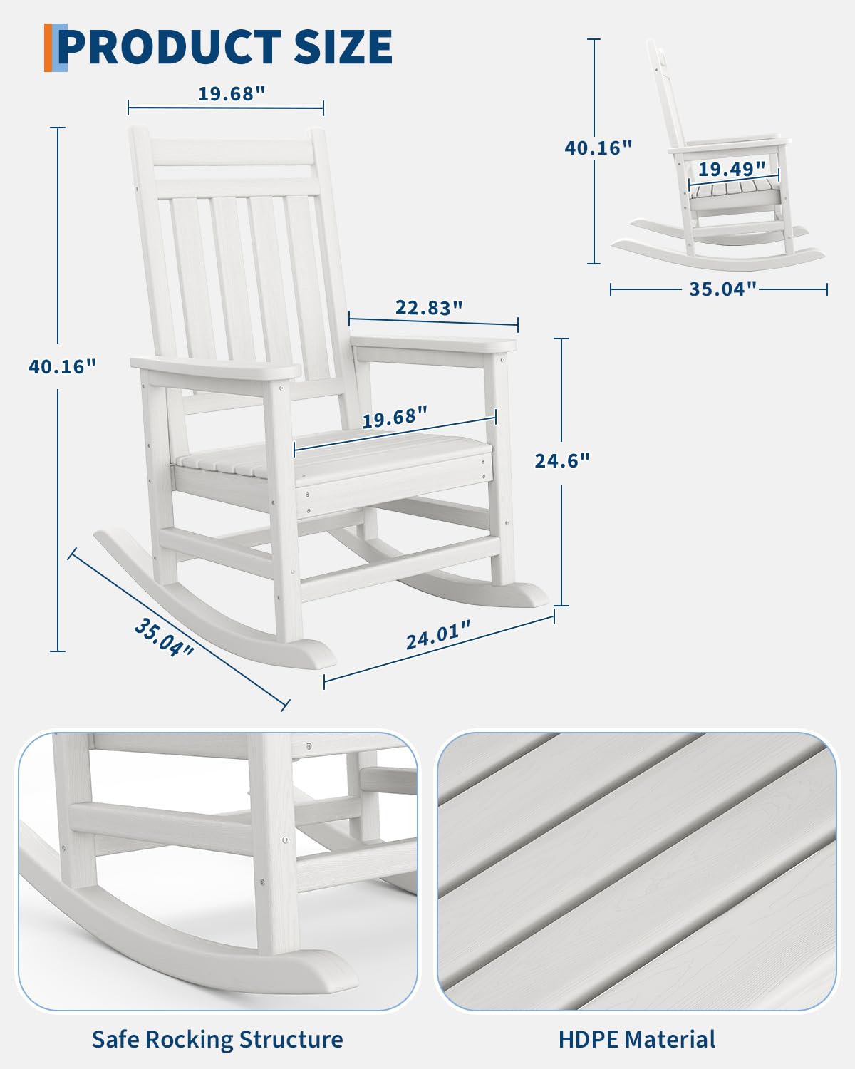 GarveeLife Poly Lumber Rocking Chair Outdoor Set of 2 with Side Table - HDPE High Back Porch Rocker Chairs for Adults - All Weather Resistant Furniture for Patio - White