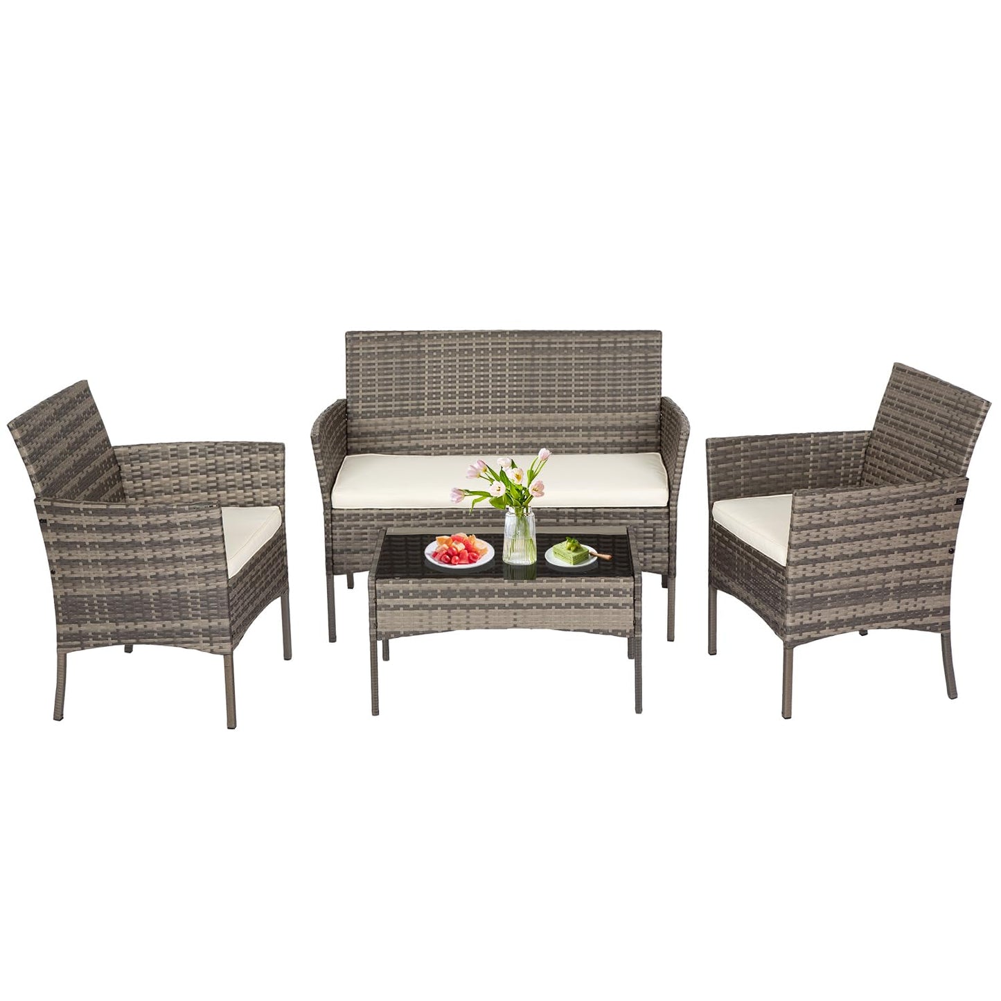 FDW | 4-Piece Patio Furniture Set | Gray & Khakhi | Outdoor Wicker Furniture with Coffee Table | Modern Rattan Chairs Conversation Set | Outdoor Seating | Weather-Resistant | for Porch, Garden, Lawn