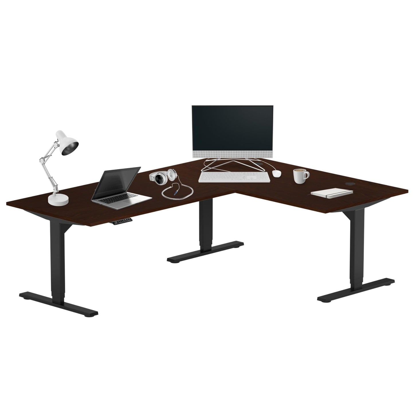 Progressive Desk Electric Stand Up Height Adjustable Standing Desk - L Shaped 78" x 60" Corner Table Computer Rising Workstation - Black Frame, Roasted Walnut