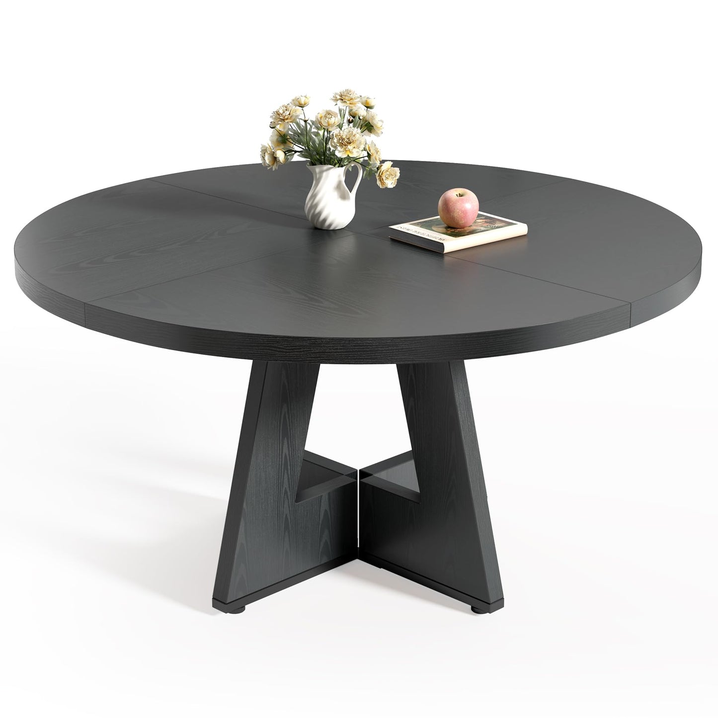LITTLE TREE Round Dining Table for 4-6 People, 47 Inches Dining Room Table with Wooden Pedestal Base, Black Dinner Tables, Circle Kitchen Tables for Dining Room, Kitchen, Living Room