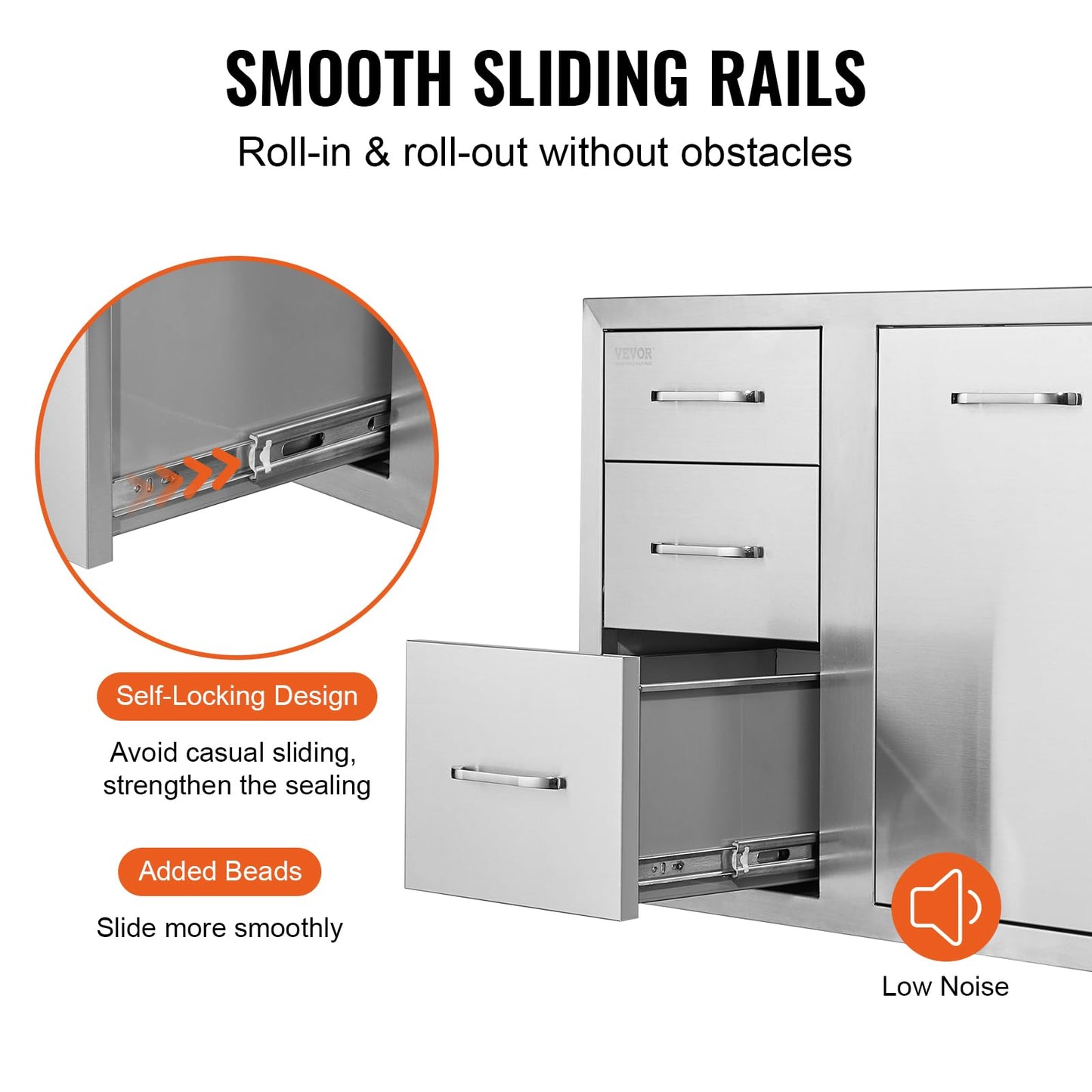 VEVOR Stainless Steel Cabinet, Outdoor Kitchen Door Drawer Combo 29.5" W x 22.6" H x 21.7" D, Access Door/Triple Drawers, Propane Drawer, Adjustable Garbage Ring, BBQ Island Patio Grill Station