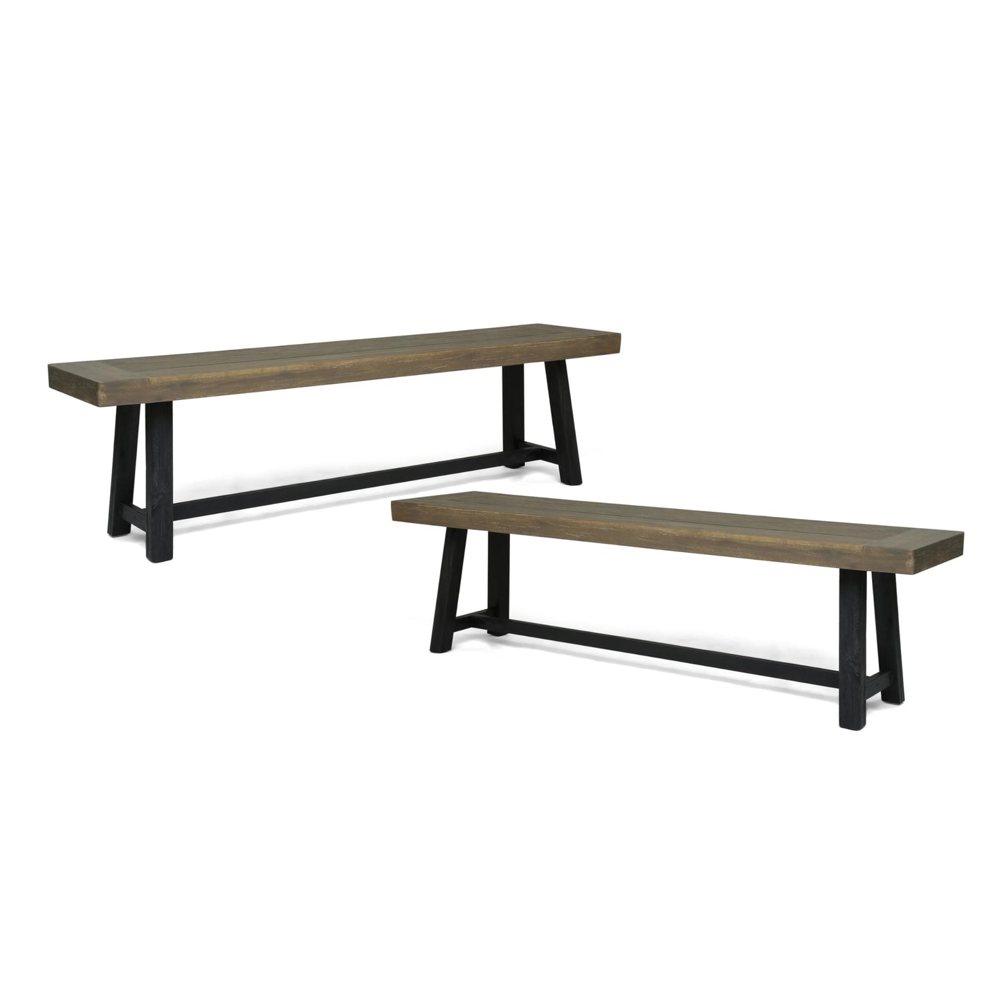 Merax 2-Piece Acacia Wood Outdoor Benches Set, 63" Rustic Patio Bench with Sandblast Gray Finish and H-Stretcher Design, Solid Hardwood Garden Bench for Dining, Porch, Fire Pit, Grey+Black