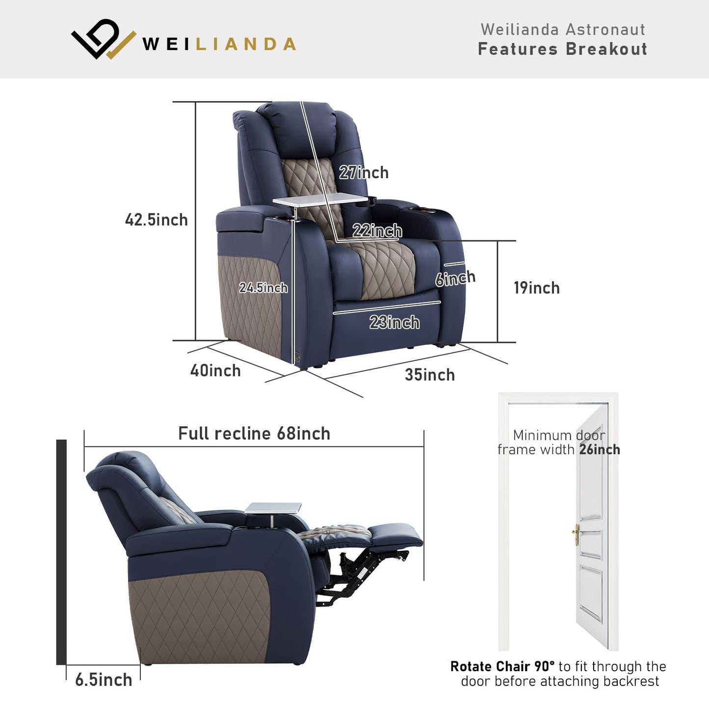 Weilianda Home Theater Seating, Top Grain Leather Zero Gravity Recliner Chair, Power Headrest Recline Movie Seat Gaming 7 Colors Mood Light Sofa with Tray Table Row of 1 Blue Grey