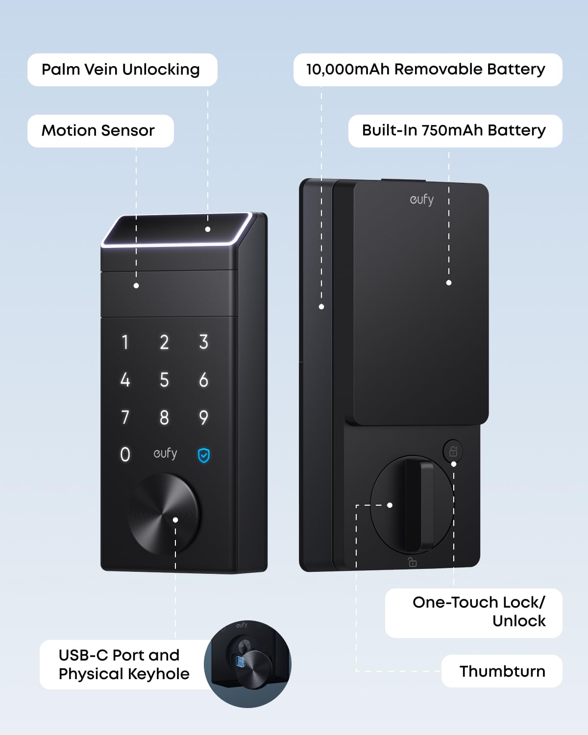 eufy Security Smart Lock FamiLock E34 with Palm Vein Recognition, Keyless Entry Door Lock for Front Door, Wi-Fi Keypad Deadbolt, ANSI/BHMA Grade 1, Auto Lock, IP65 Waterproof, No Monthly Fee