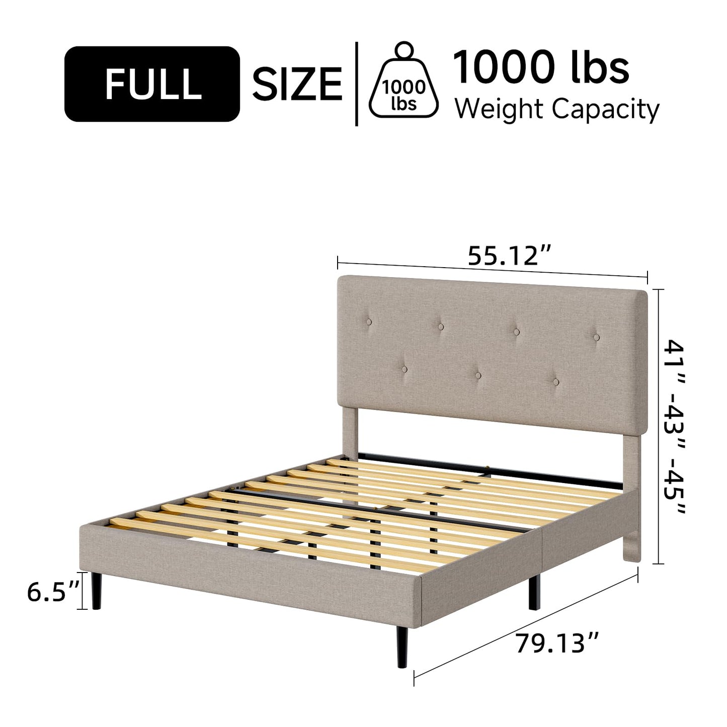 Mxhtcewz Full Size Linen Bed Frame, Upholstered Platform Bed Frame with Adjustable Headboard, Wooden Slats Support, No Box Spring Needed, Easy Assembly, Beige