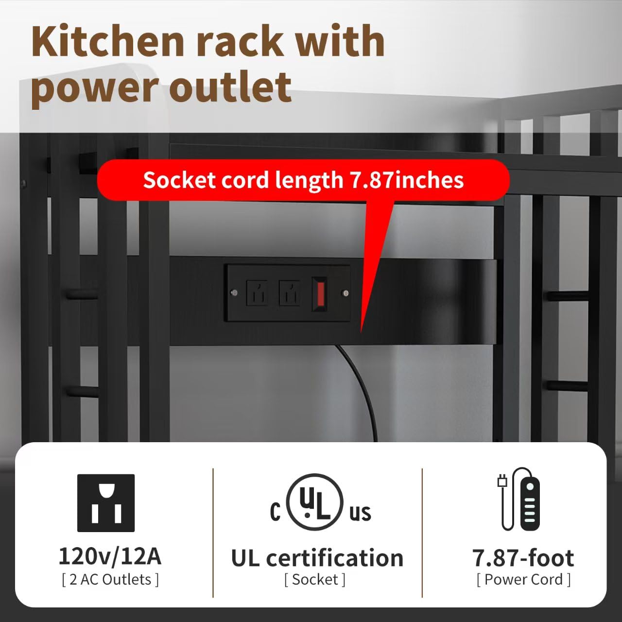 Bakers Rack with Power Outlet ，Microwave Stand 4-Tier Kitchen Baker's Rack, Free Standing Baker's Rack Kitchen Stands with Storage Suitable for Kitchen, Living Room, Dinning Room，Coffee Bar (Black)