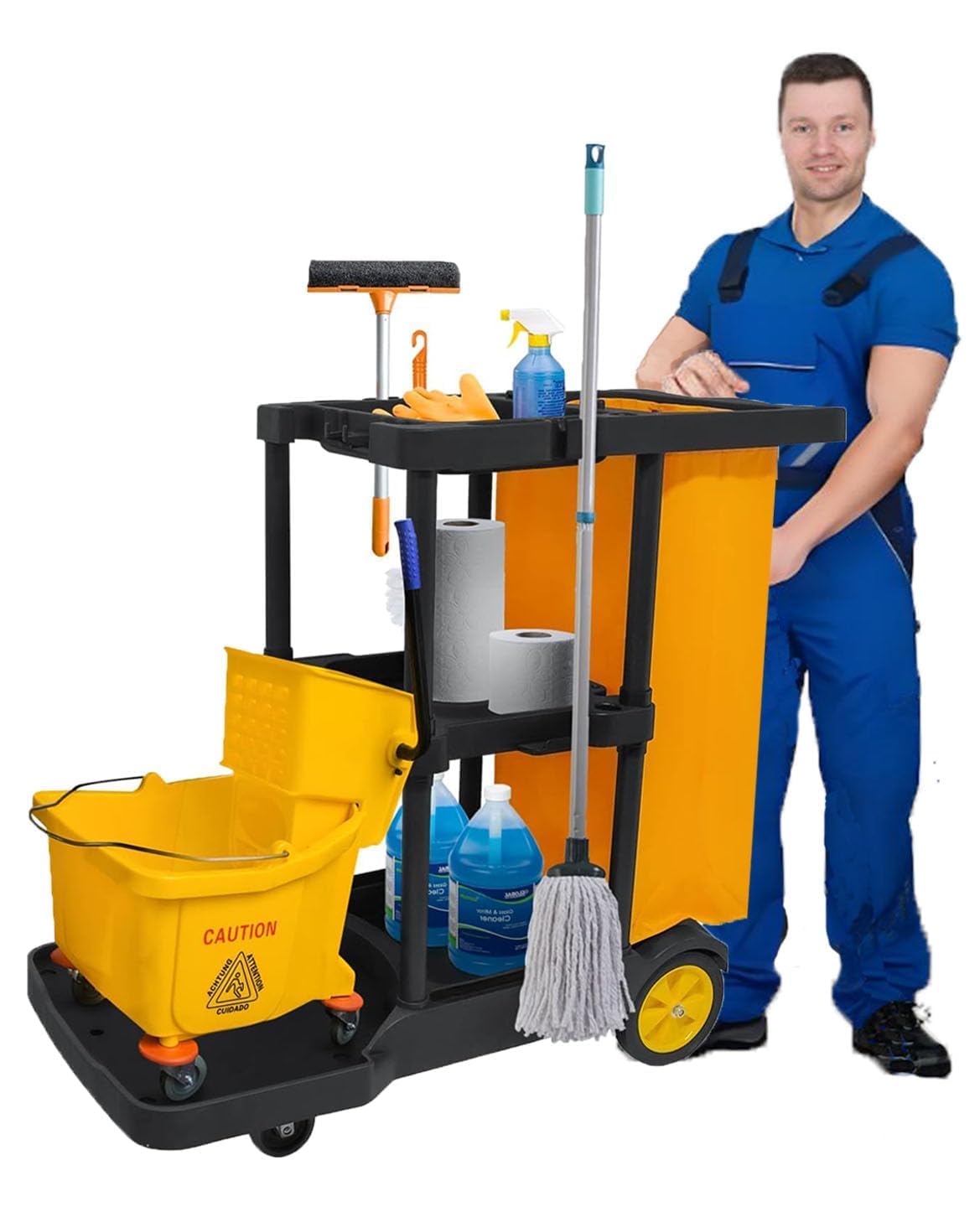 tonchean 3-Tier Janitorial Cart with 25 Gallon Vinyl Bag, Rolling Housekeeping Cleaning Cart, Large Capacity Utility Trolley for Business, School and Office