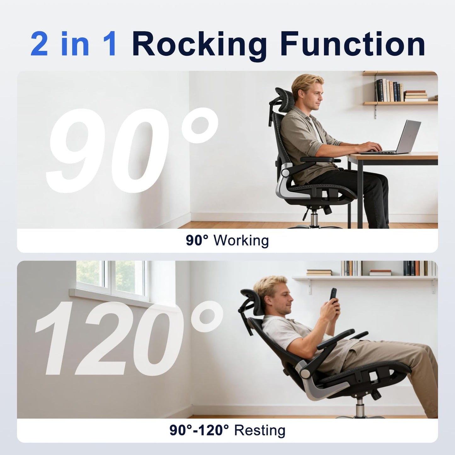 marrap Ergonomic Office Chair, Mesh Seat Cushion with 3D Armrests and 3D Headrest, Adjustable Lumbar Support with 90-120° Rocking Function for Home Office, Black