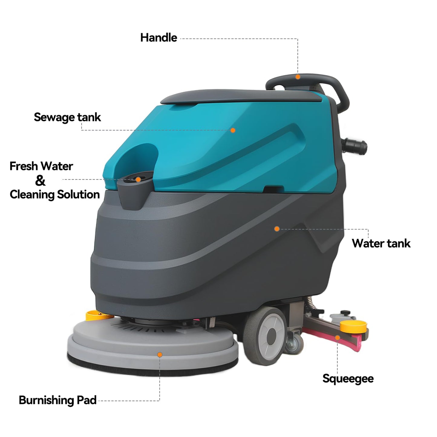 KARHDIR Walk-behind Floor Scrubber Machine, 22" Cleaning Width, 31.5" Suction Width, 18.5-gal Sewage Tank, 15.9-Clear water tank, 32000 Sqft/h, Complete Set of Parts