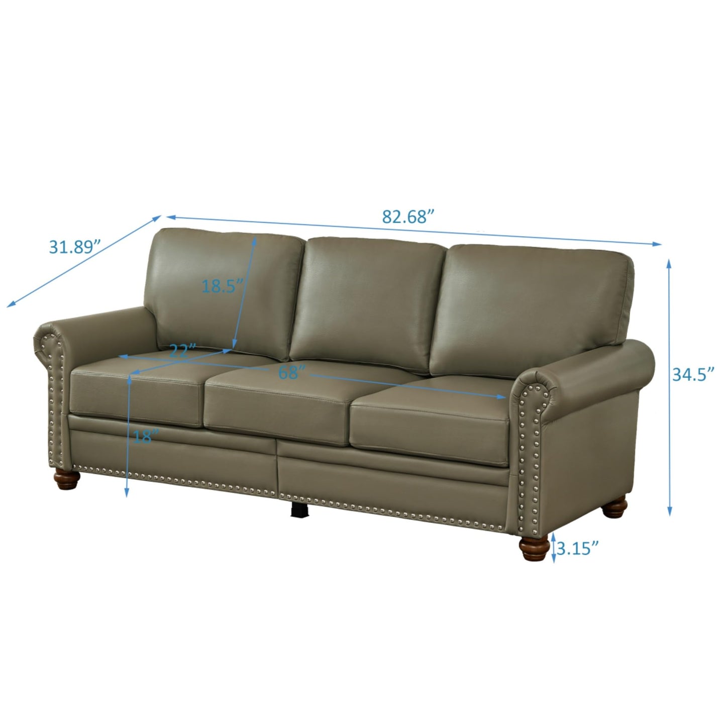 KEIKI 82.68" Chesterfield Sofa, Retro Style Upholstered Faux Leather PU Couch with Storage Space, Rolled Arm, Nailhead for Living Room Bedroom Office Apartment, Gray