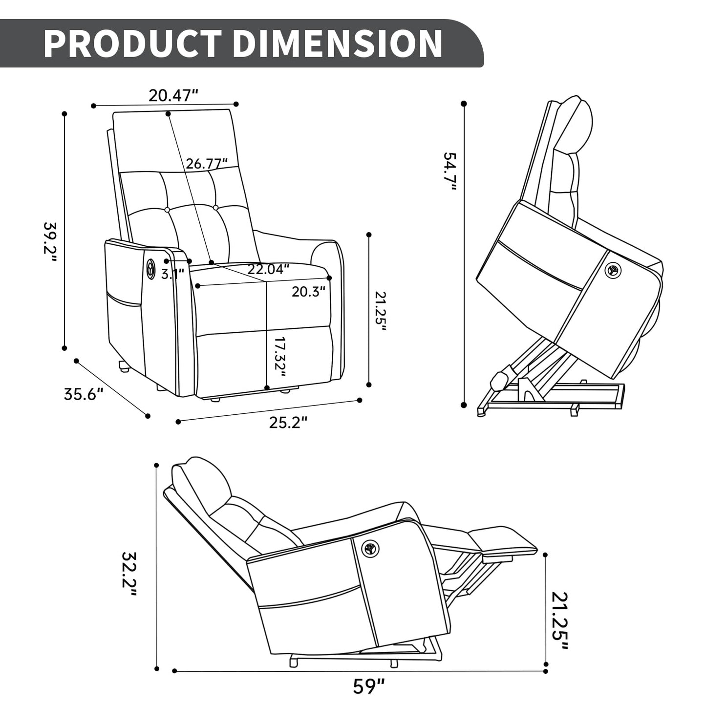KEIKI Single Motor Power Lift Recliner Chair with Massage and Heat for Home Theater, Soft Fabric Finish with USB Charging Port and Motion Mechanism for Elderly