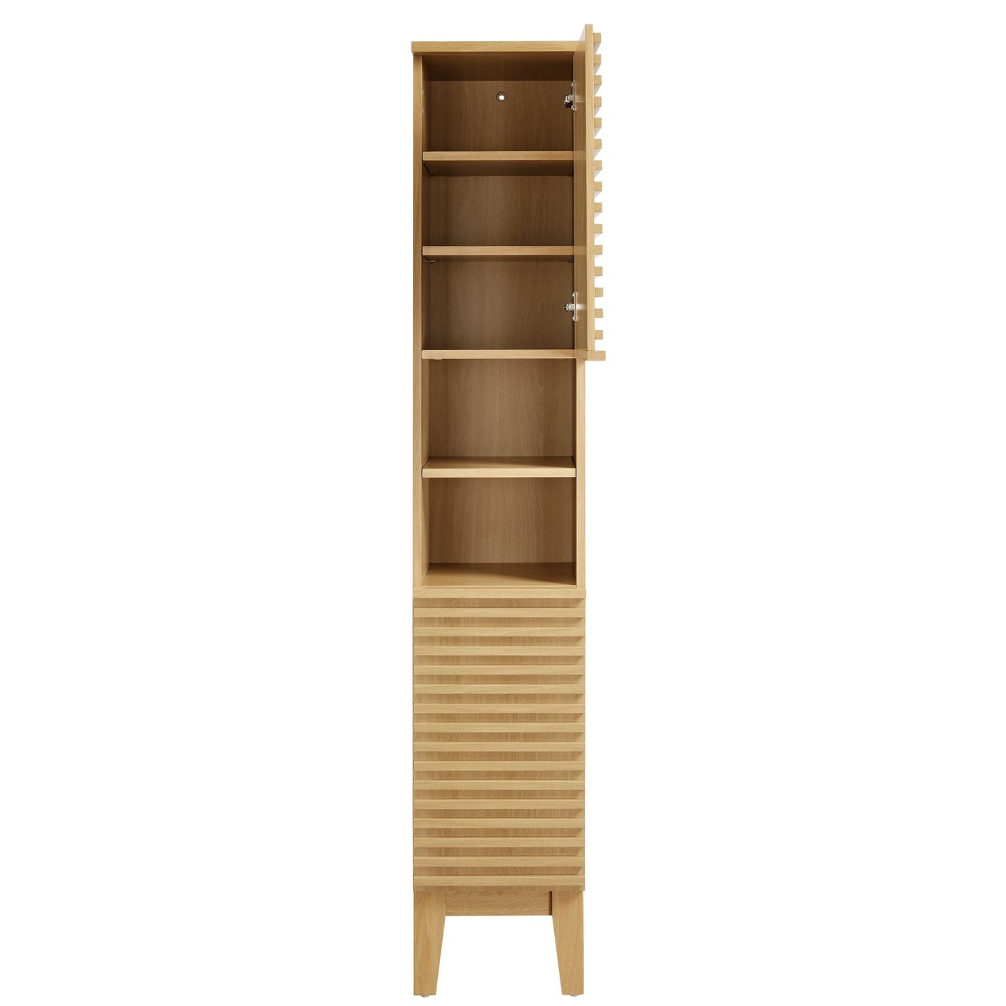 Modway Render Tall Narrow Bathroom Storage Tower in Oak - 63” Freestanding Linen Cabinet with Open Shelves and 2 Soft-Close Doors - Slim Towel and Makeup Organizer