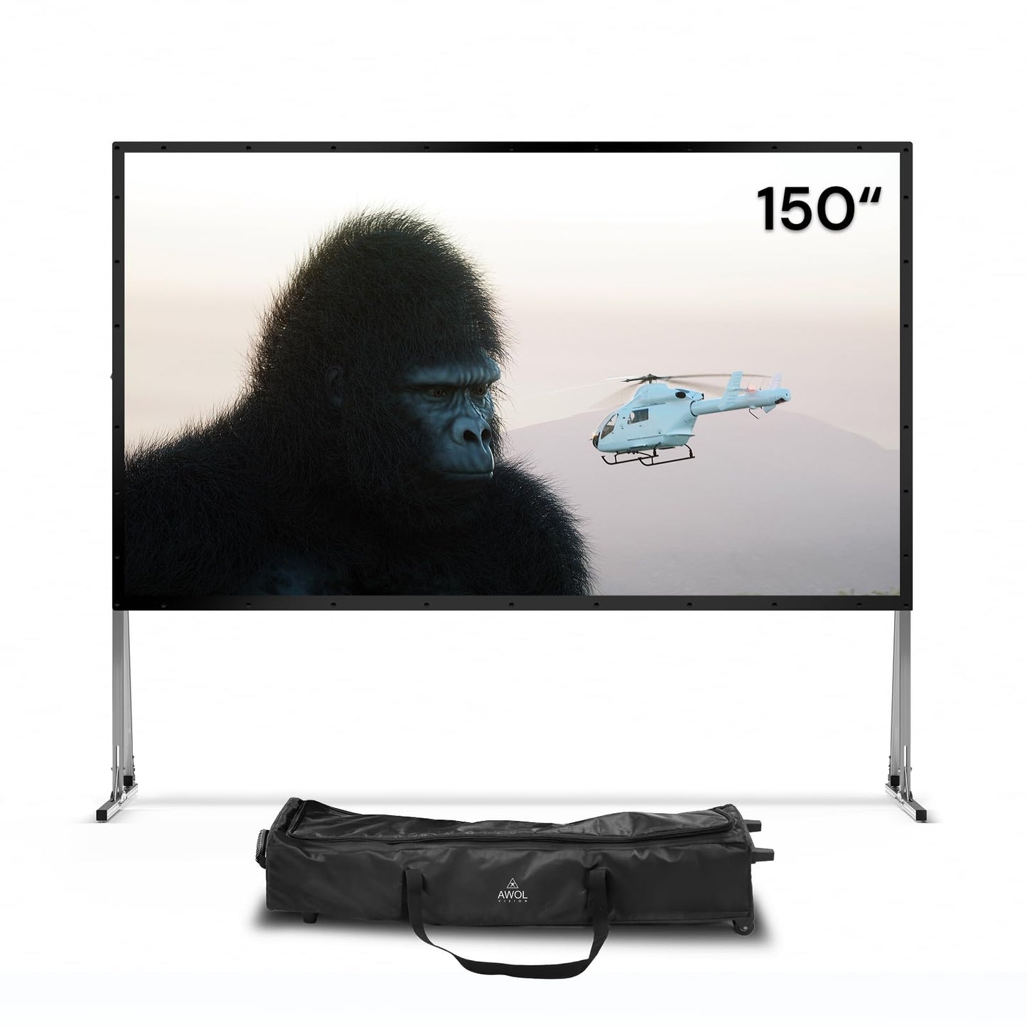AWOL VISION Folding Outdoor Projector Screen with Stand (150 inches), Portable 16:9 4K HD Rear Front Movie Screen with Carry Bag for Theater Backyard Movie Night,Cinema School