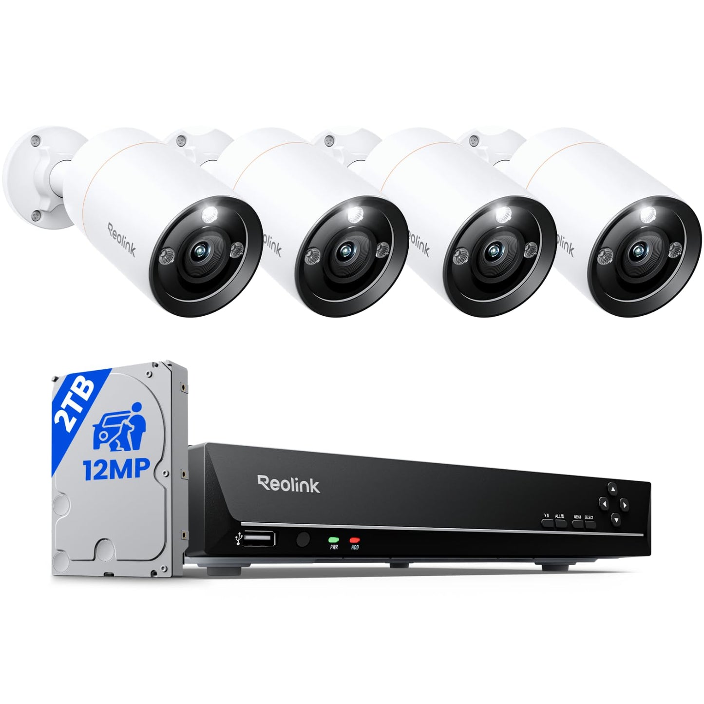 REOLINK 12MP Wired Security Camera System, 4pcs H.265 12 Megapixel UHD PoE Surveillance Cameras, Person Vehicle Pet Detection, Spotlight Color Night Vision, 8CH NVR with 2TB HDD, RLK8-1200B4-A