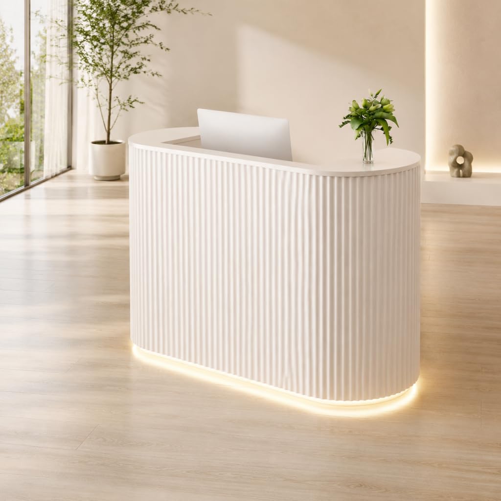 Modern Curved Reception Desk 47 Inch, LED Light Reception Counter with Power Outlet, Lockable Drawer Storage Cabinet for Salon Office Lobby Retail Store