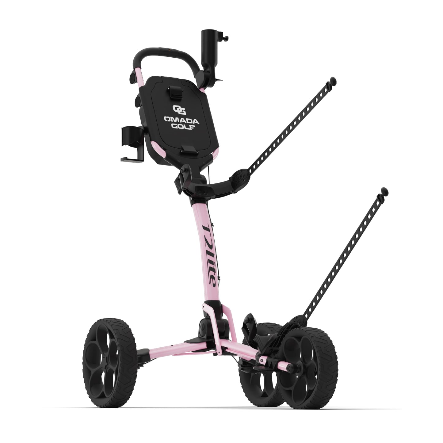 OMADA GOLF T2Lite Golf Push Cart | Lightweight, Ultra-Compact Folding Golf Cart | Large All Terrain Wheels | Umbrella Holder Included | Deep Storage Console | Adjustable Handle, Handbrake + Cup Holder