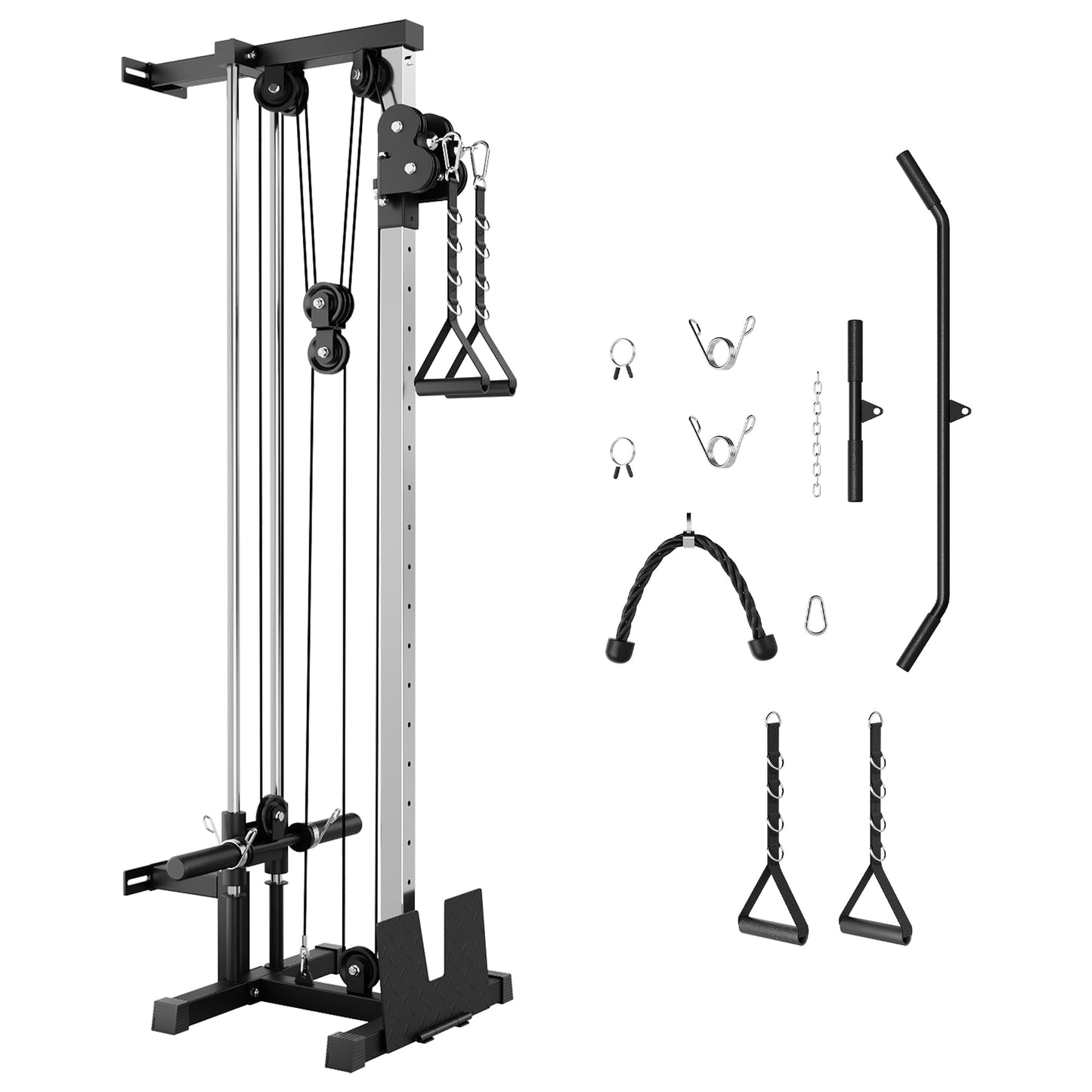 Wall Mount Cable Station – Dual Pulley Cable Crossover Machine with 18 Adjustable Positions, Tricep Rope, T-Bar, LAT Pulldown Bar & Foot Board for Home Gym Strength Training