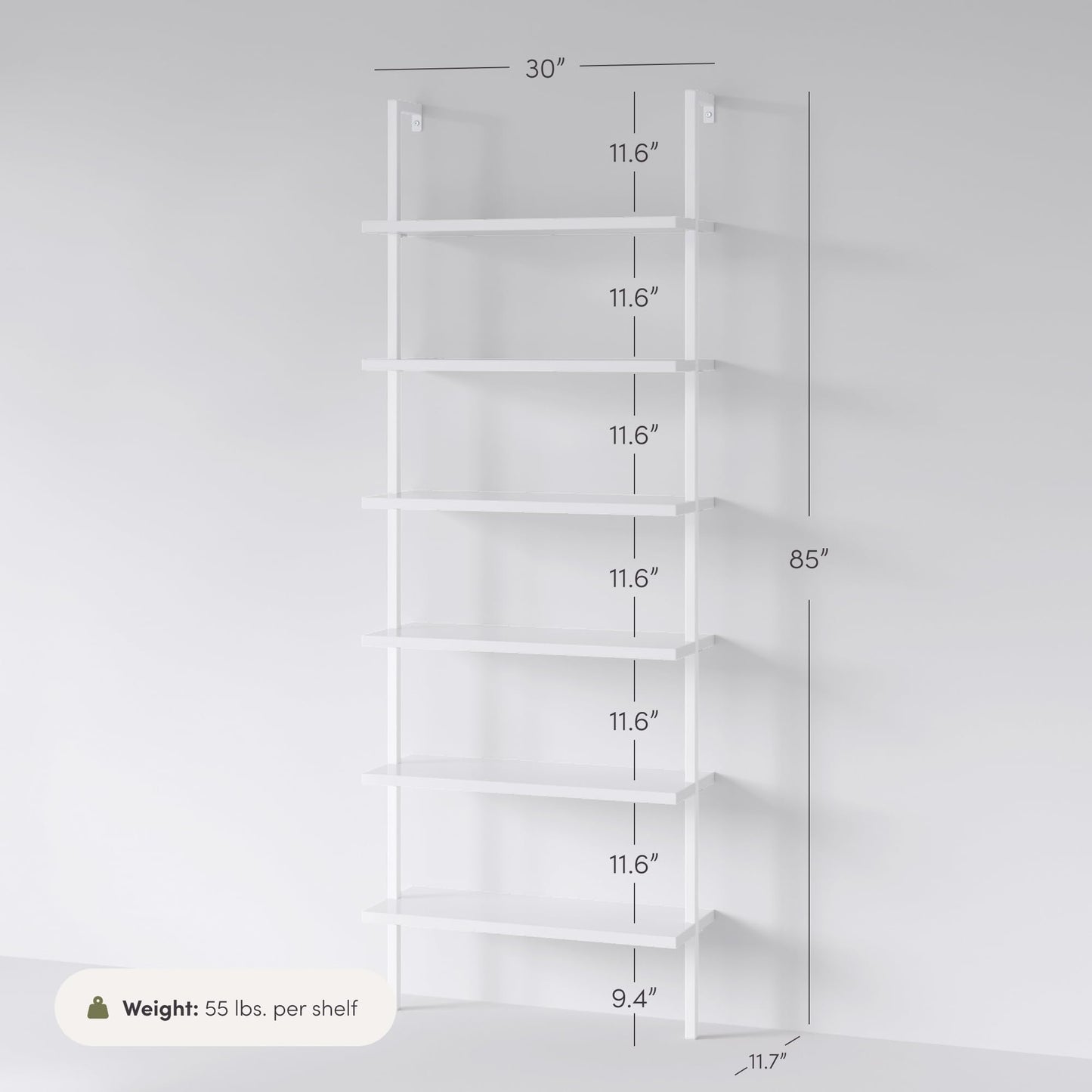Nathan James Theo 6-Shelf Tall Modern Bookshelf, Wall Mount Ladder Shelf Bookcase with Wood and Industrial Metal Frame, Matte White