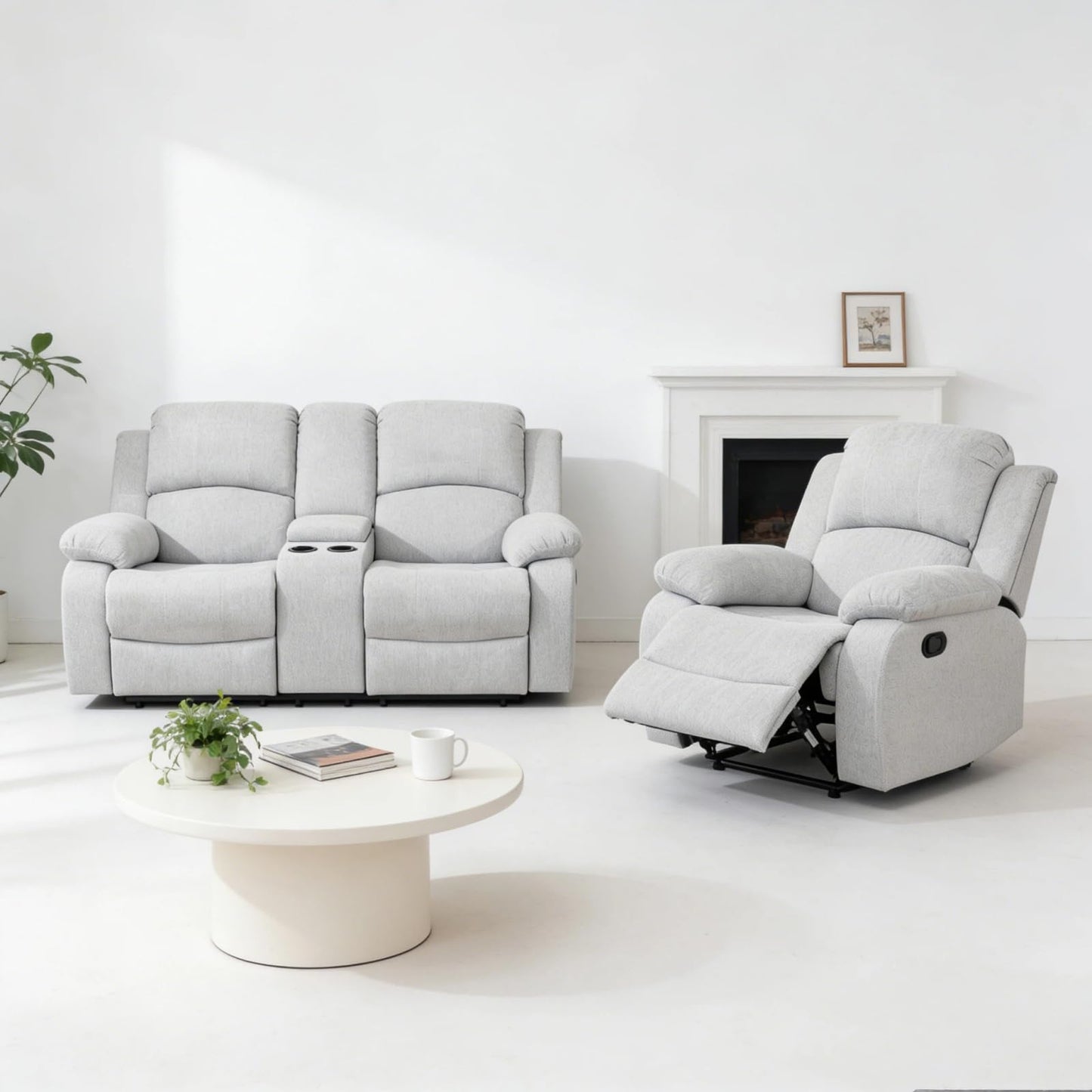 Trygoal Linen Recliner Sofa Set, Living Room Furniture Set, Adjustable Backrest Reclining Loveseat Sofa with Storage Console & Cup Holders, Manual Recliner Chair for House, Home Theater, Grey
