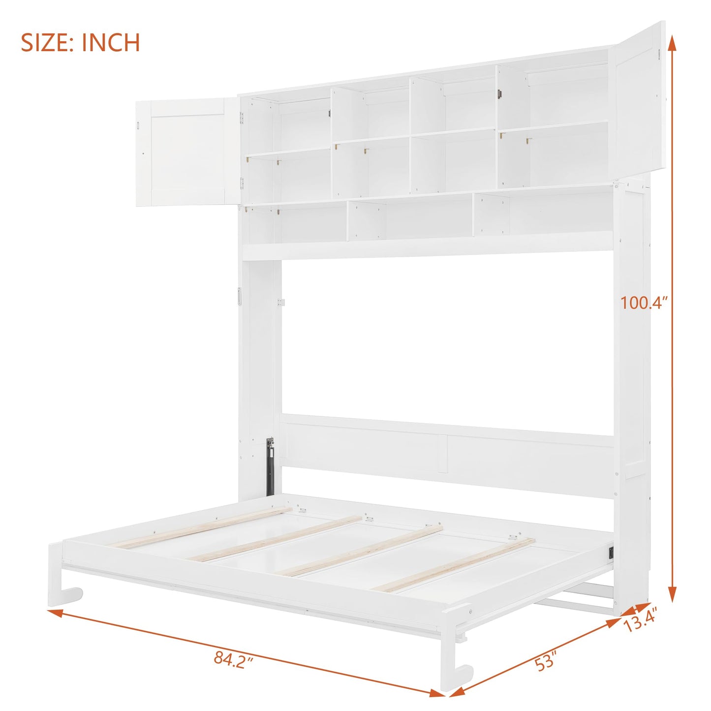Merax Queen Size Murphy Bed Wall Bed with Top Storage Cabinets and Shelves, Fold into The Wall, Space-Saving Design, White Foldable Platform Bed Frame with Chevron Stripes, for Bedroom, Guest Room