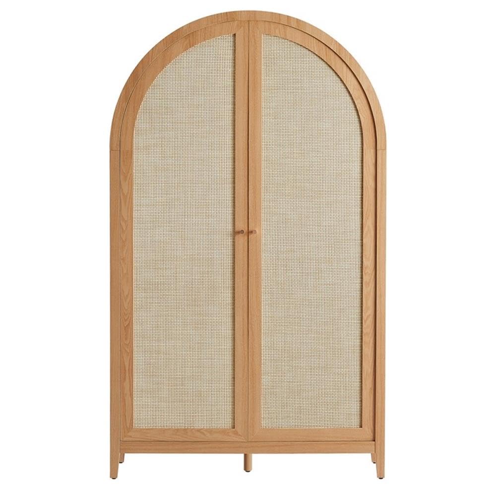 MAKLAINE 79" Tall Wide Arched Storage Cabinet, Synthetic Rattan Doors, Natural Wood Grain Finish, 2 Adjustable Shelves, Soft-Close Hinges, Durable Linen Cabinet for Office, Hallway, or Living Room