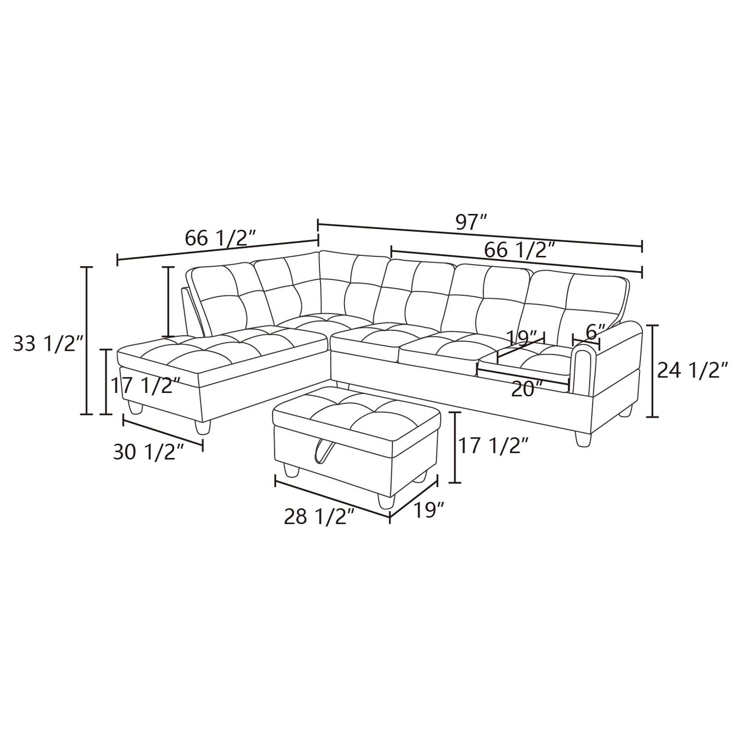 NicBex Couches for Living Room L Shaped Couch Upholstered Futon Sofa Comfy Faux Leather Modular Sofa 3-Piece Living Couch with Storage Ottoman for Apartments, Living Room and Office, White