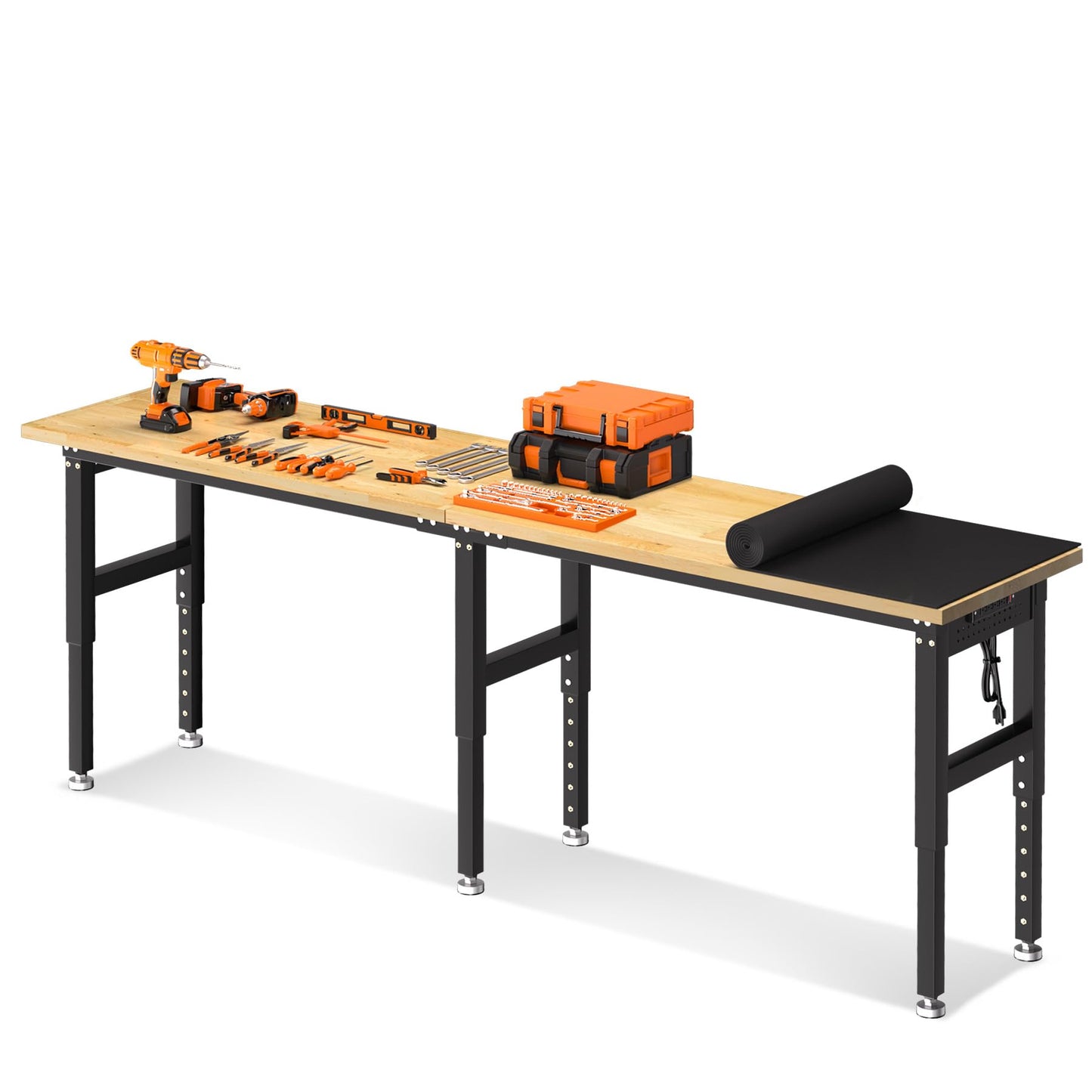 96" Adjustable Workbench, 5000 Lb Capacity Heavy-Duty Work Bench Table with Power Outlet & Pegboard, Rubber Wood Top Garage Work Table for Workshop, Garage, Office