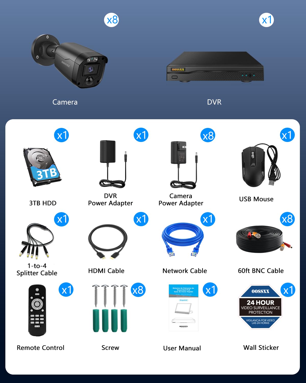 3K 5MP Wired CCTV Security Camera System with 122° Ultra Wide Angle, 8CH HD DVR Kit, 8X IP66 Indoor Outdoor Cameras, 65ft IR Night Vision, Free App, No Subscription Fee, Remote Access