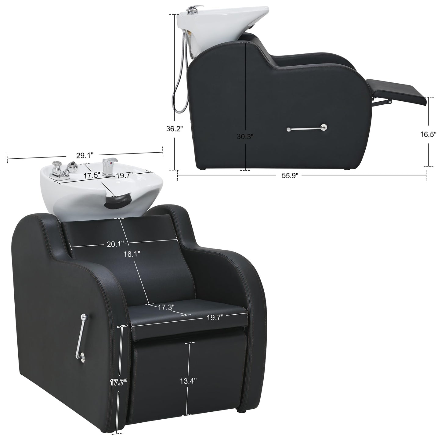 BarberPub Backwash Shampoo Unit with Leg Rest, Adjustable Ceramic Hair Wash Bowl Sink and Chair Set for Salon, Barbershop, Home Salon 9312 (Black)