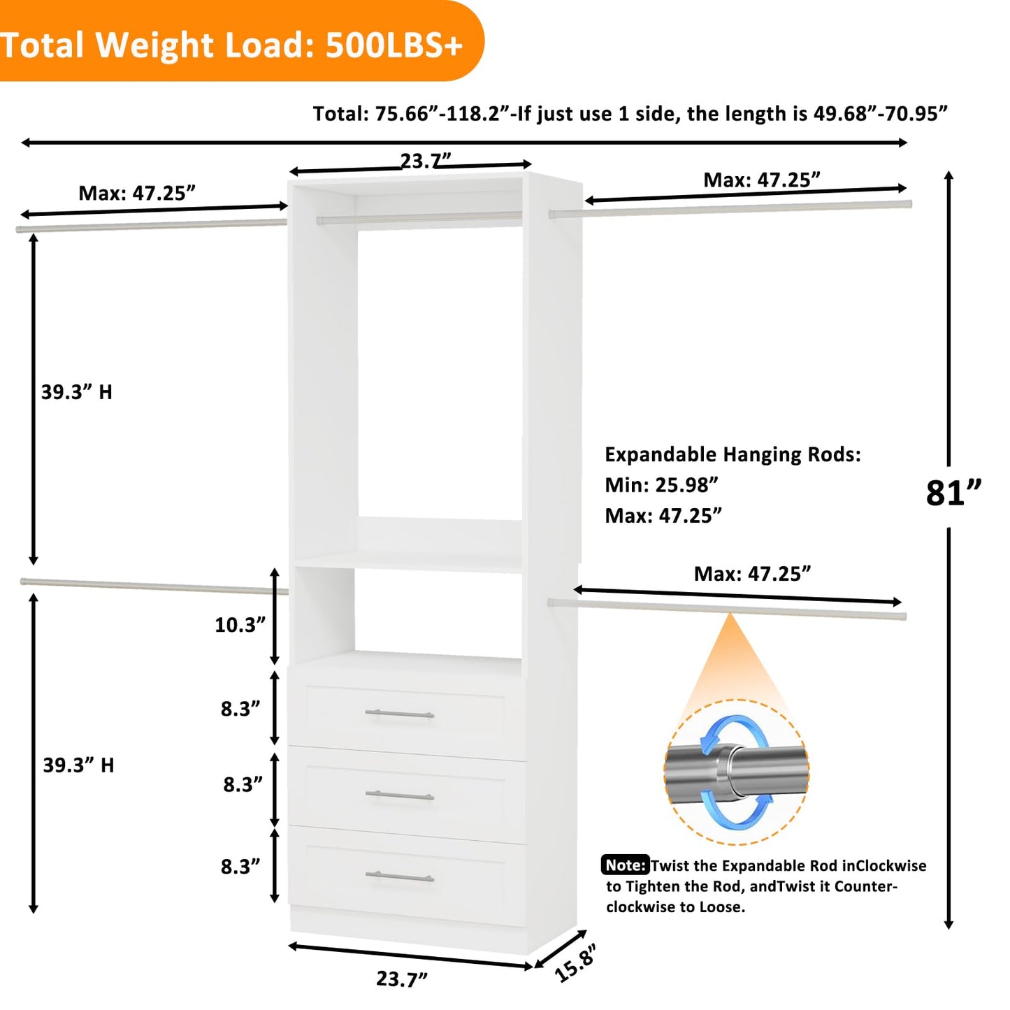 Secilix 5–9FT Closet System with 3 Wood Drawers, Closet Organizer System with 5 Expandable Hanging Rods, Walk-in Closet System with Shelves, Wall Mounted Built-in Closet Organization System