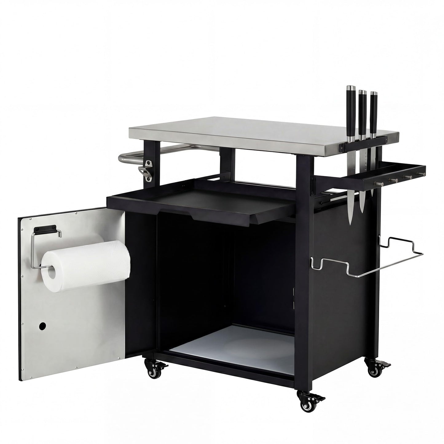 Merax 39.5" Outdoor Grill Cart with Pizza Topping Station, Grill Table Stand with Spice & Paper Rack for BBQ, Movable Food and Prep Workcart, Rolling Kitchen Island, Waterproof Cover Included, Black