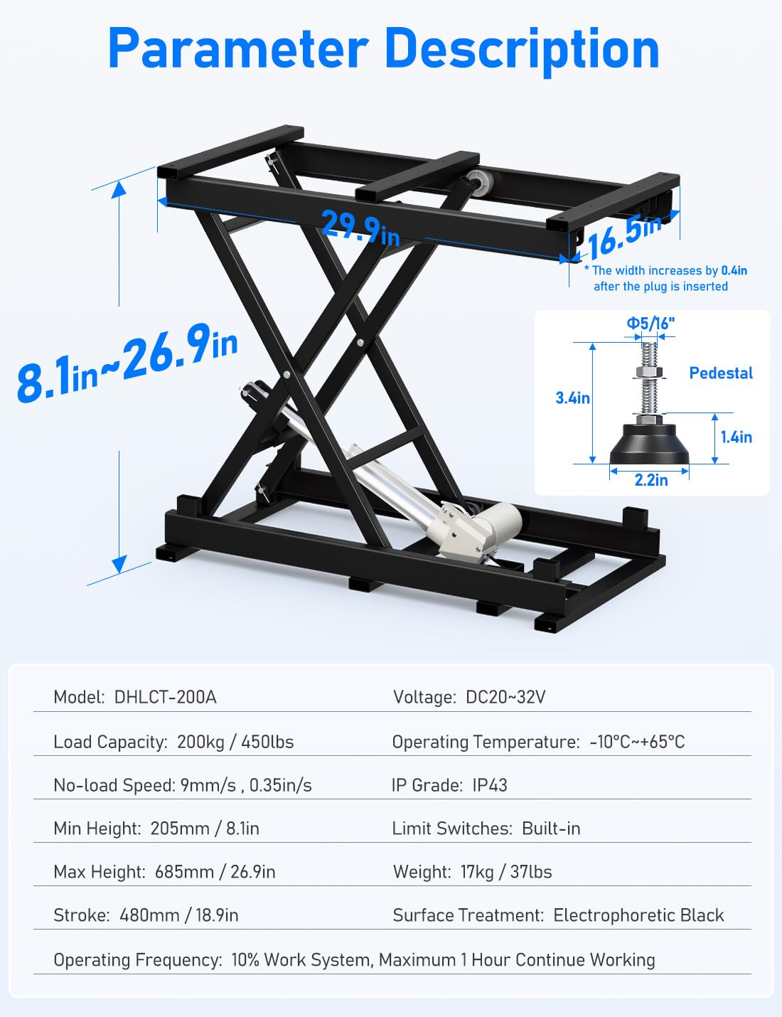 DIHOOL Electric Scissor Lift Table, 440Lbs Capacity, 8.07"-26.97" Height Adjustable Lifting Platform, Super Quiet with Remote & WiFi Control, Obstruction Detection, AC/DC Power for Home/Industrial Use