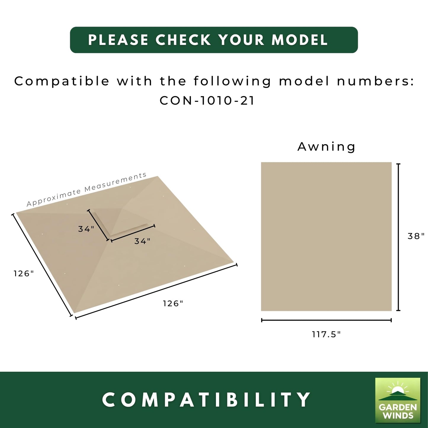 Garden Winds Reinforced Replacement Canopy Top Cover Compatible with The CON-1010-21 Menards Backyard Creation Conley 10' x 10' Gazebo with Awning - Classic Sand, Riplock 350