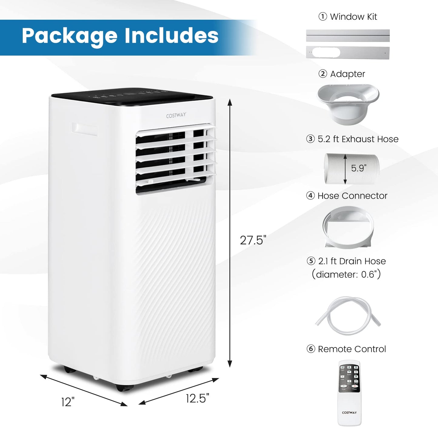 COSTWAY Portable Air Conditioner, 10000 BTU AC Unit with Cool, Fan, Dehumidifier & Sleep Mode for Rooms up to 350 Sq.Ft, with 24H Timer, Child Lock, Remote Control & Window Kit (White and Black)